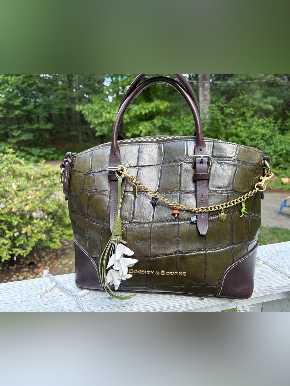 Dooney & Bourke Olive Croc-Embossed Tote with Dark Brown Trim